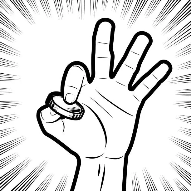 Vector illustration of A human hand holds a coin money, in the background with radial manga speed lines
