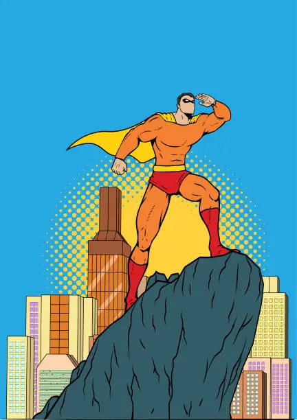 Vector illustration of Vector Retro Pop Art Style Superhero Looking at Far Away in a City Stock Illustration
