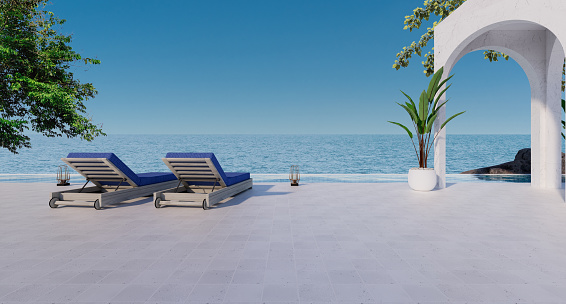 Beach house, Hotel Resort in only poolside and chairs looking out, swimming pool close to the sea and sky, perfect for relaxing. luxury 3d rendering with sea view santorini island style