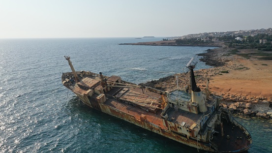 Beautiful aerial view of EDRO III Shipwreck in Paphos Cyprus