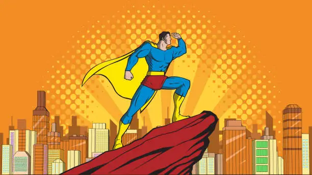 Vector illustration of Vector Retro Pop Art Style Superhero Looking at Far Away in a City Stock Illustration