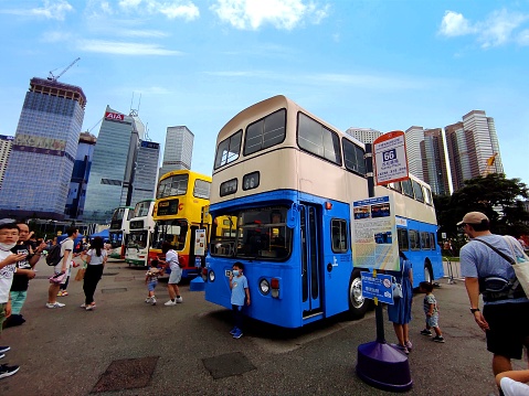 Hong Kong, June 18, 2023 : Citybus and New World First Bus ( NWFB ) show local buses evolution with restored fleet and exhibition at Central Harbourfront Event Space, Hong Kong