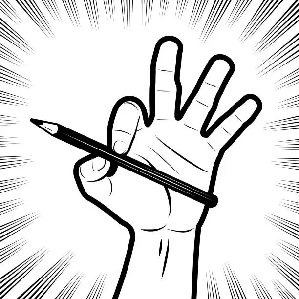 Vector illustration of A human hand holding a pencil, in the background with radial manga speed lines