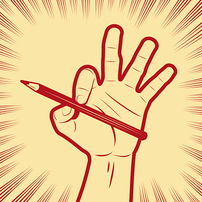 Design Vector Art Illustration.
A human hand holding a pencil, in the background with radial manga speed lines.
