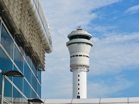 Kuala Lumpur, Malaysia - May 4, 2018. Air traffic control tower of Kuala Lumpur Airport (KUL).