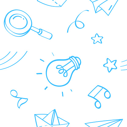 Cute school education objects drawing in doodle line art style with background colored. Seamless pattern with the lightbulb, paper plane, boat, notes, magnifying glass, and stars.