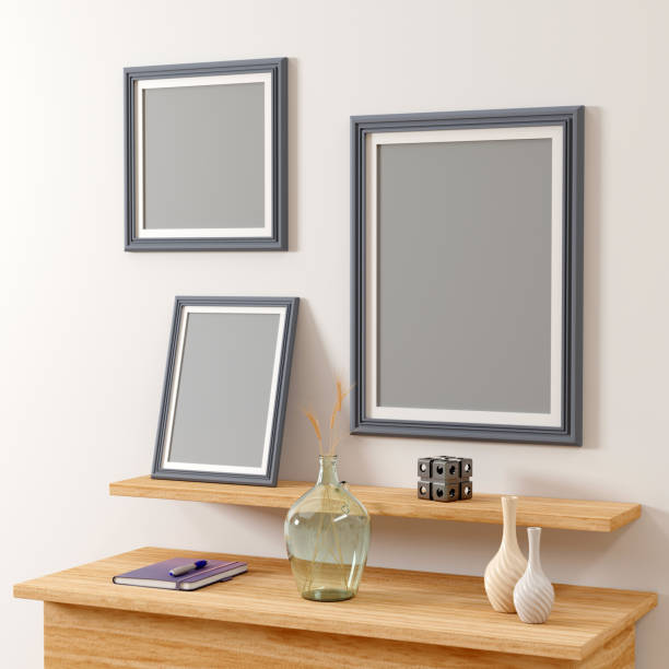 istock 3d render of a living room and three dark photo frame 1499895536