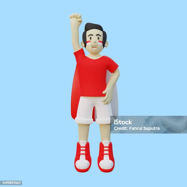 3d Illustration Of Indonesian Guy With Indonesia Flag Doing Superman Pose Stock Photo - Download Image Now