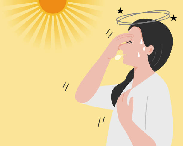 A woman has sunstroke, exhausting and dizzying. Flat vector illustration. A woman has sunstroke, exhausting and dizzying. Flat vector illustration. dizzying stock illustrations