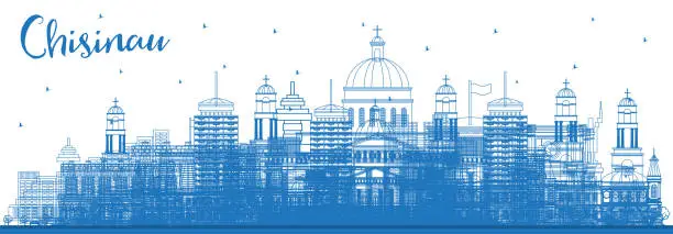 Vector illustration of Outline Chisinau Moldova City Skyline with Blue Buildings.