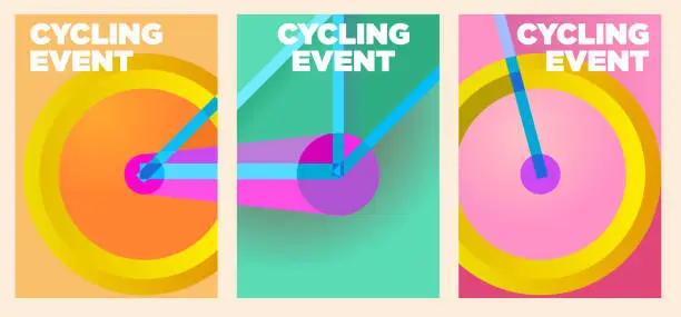 Vector illustration of cycling poster set in vibrant bright color. geometry abstract style. cycling vector illustration