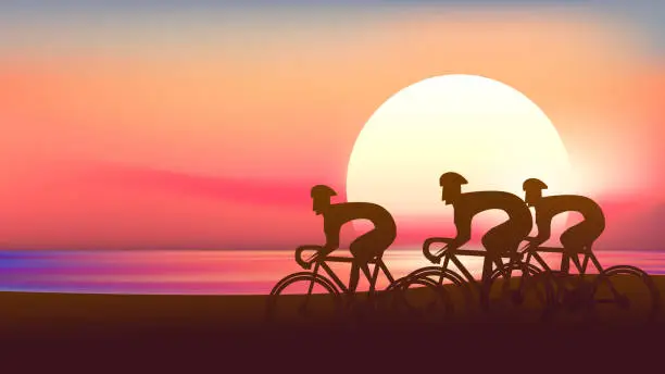 Vector illustration of gorup of cyclist ride in the morning beach with sun rise backgorund.abstract style. cycling vector illustration