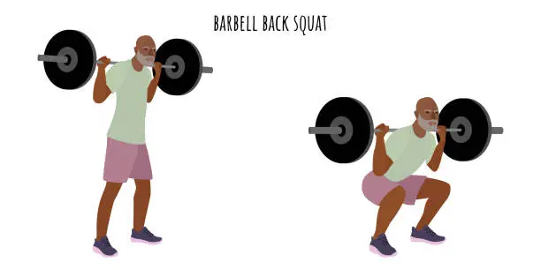 Vector illustration of Senior man doing barbell back squat exercise