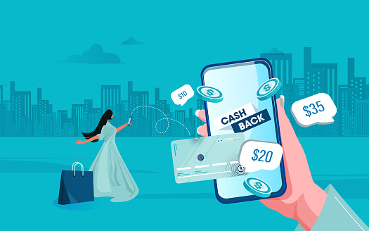 Cash back or money refund concept with character. People stand near smartphone, debit card, pile coins. Saving money. Modern flat style for landing page, mobile app, infographics