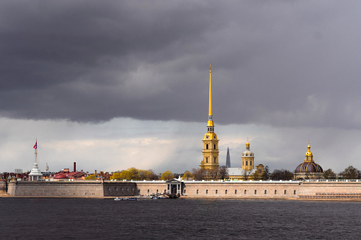 05 may 2023. Saint Petersburg, Russia. peter and paul fortress. View of Zayachy island and Neva river. Cloudy sky on background