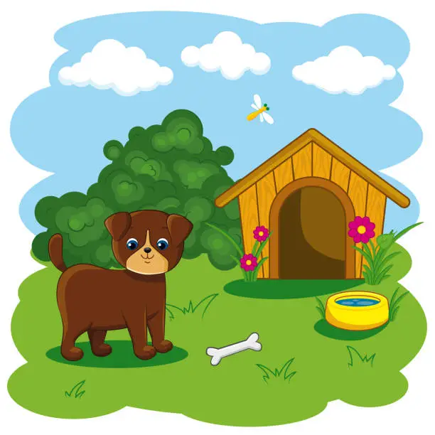 Vector illustration of Illustration with dog, kennel and nature.