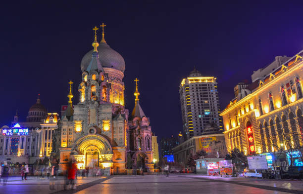 Harbin, China - Feb 26, 2018. View of Saint Sophia Cathedral at night in Harbin, China. The church was built in 1907 after the completion of the Trans-Siberian Railway.