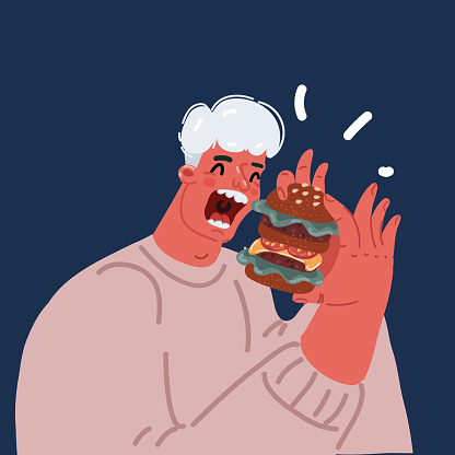 Cartoon vector illustration of man eating Burger over dark background