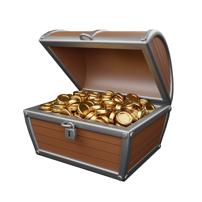 Treasure chest with golden coins isolated on white. Work path