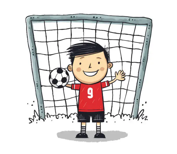 Vector illustration of Soccer goalkeeper keeping goal vector illustration, cartoon kids hand-drawn style.