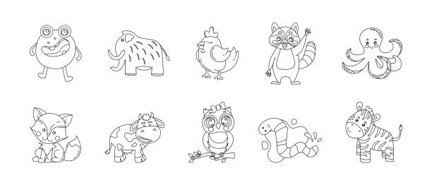 zwierzęta słodkie zabawny zestaw rysunków wektorowa czarno-biała ilustracja izolowany na białym tle - animal doodle bear kangaroo stock illustrations
