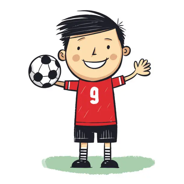 Vector illustration of Soccer goalkeeper keeping goal vector illustration, cartoon kids hand-drawn style.