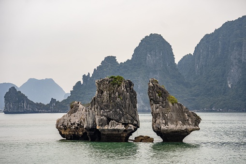 A stunning view of Halong Bay in Vietnam, Southeast Asia with mountains and awe-inspiring cliffs