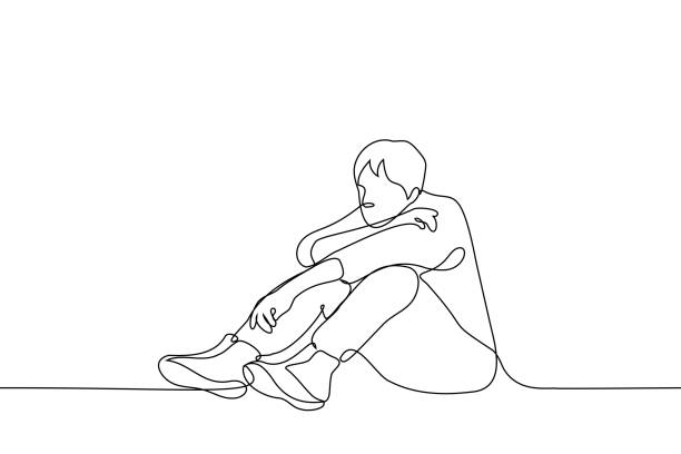 mężczyzna siedzi na podłodze lub ziemi, jego nogi są zgięte, a głowa i ręce opuszczone na kolana - jeden rysunek linii. pojęcie smutku, depresji, zmęczenia, samotności, nudy - knees bent stock illustrations