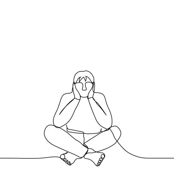 Vector illustration of man sits in a pose in Turkish, his elbows rest on the knees, palms propping up his head - one line drawing. conception of the thoughtfulness, laziness, procrastination, frustration