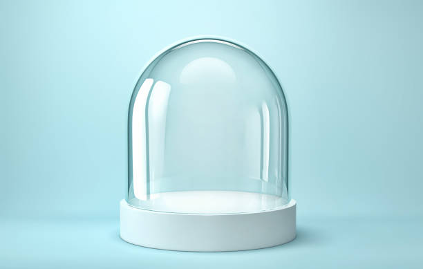 istock Empty glass dome on white podium isolated on blue background. Clipping path included 1499922747