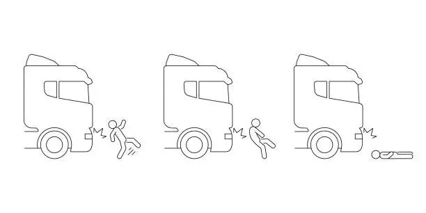 Vector illustration of Car truck crash with people pedestrian, accident of transport, line art icon set. Collision with an obstacle person. Knock down pedestrian. Vector outline