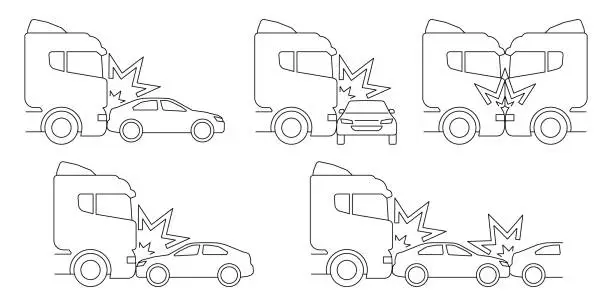 Vector illustration of Car and truck crash, accident of transport, line art icon set. Side, frontal collision. Emergency brake on oncoming lane, dangerous overtaking. Broken vehicle. Vector outline