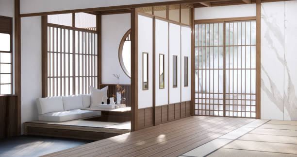 istock Japan style empty room decorated with white wall and wood slat wall 1499927231
