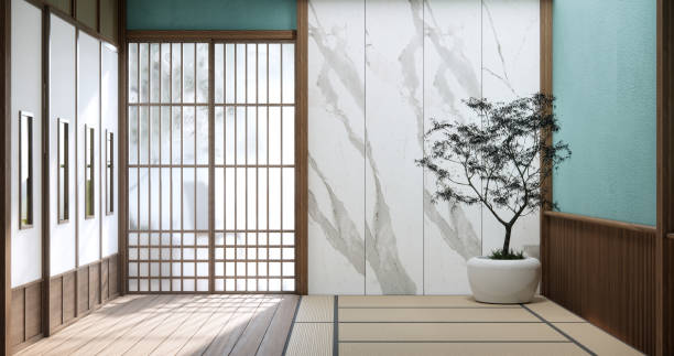 istock Green mint wall on wood floor interior. 3D rendering 1499927266