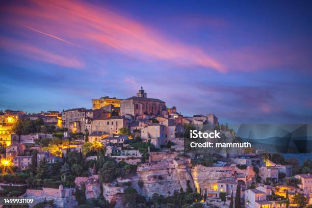 Old Town Of Gordes In Provence France At Twilight Stock Photo - Download Image Now - Gordes, Architecture, Building Exterior
