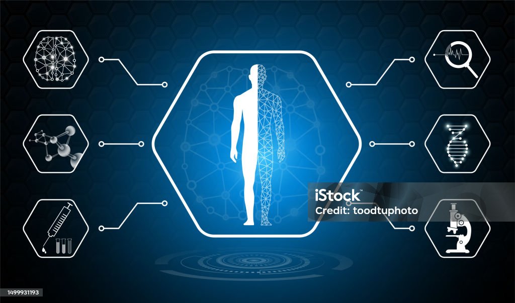 Modern Medical Science Abstract Background Technology Concept In Blue Light Brain And Human ...