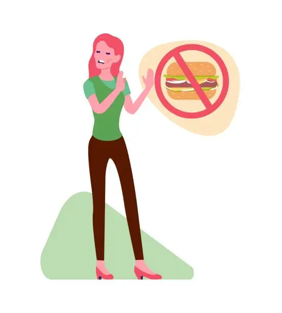 Vector illustration of Anorexia disease. Very thin woman refuses to eat. Anorexic girl rejecting burger. Food prohibited sign. Rejection gesture. Unhealthy eating. Mental disorder. Slimming person. Vector concept