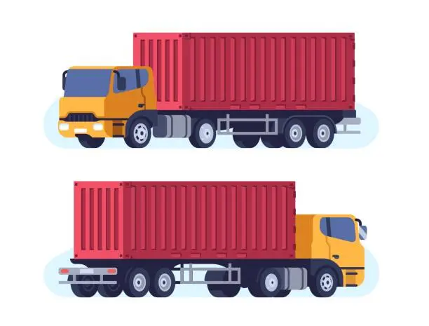 Vector illustration of Cargo truck for transportation of large sea containers. Lorry freight delivery. Auto trailer with heavy box. Automobile side view. Warehouse logistics. Goods trucking. Vector concept