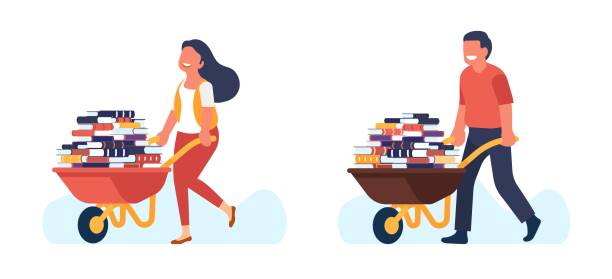 ilustrações de stock, clip art, desenhos animados e ícones de gaining knowledge. young guy and girl driving wheelbarrow full of books. self education. studying man and woman. people pulling carts with textbooks. reading literature. vector concept - thirsty
