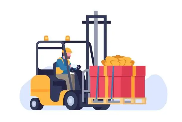 Vector illustration of Forklift truck with large gift box. Freight transportation. Man driver moving containers on pallet. Workman loading present with ribbon. Prize delivery. Parcel shipment. Vector concept