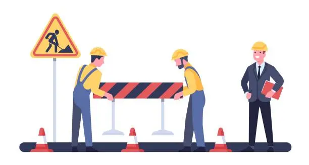 Vector illustration of Foreman checks start of work on road repair site. Highway renovation. Street border or roadside sign. Engineer and builder brigade. Workmen in overalls. Asphalt roadway. Vector concept