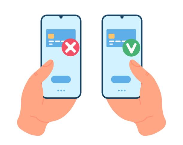 Credit card payment cancellation and approval icon in mobile app. Hands holding smartphone. Banking application. Financial transaction. Money transfer check. Phone screen. Vector concept vector art illustration