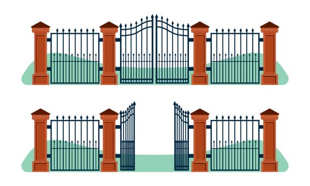 ilustrações de stock, clip art, desenhos animados e ícones de iron fence with open and closed gates and stone posts. wrought metal fencing. forged ornament. steel border construction. yard entrance. elegance architecture elements. vector concept - palace gate