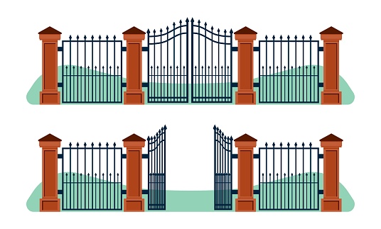 Iron fence with open and closed gates and stone posts. Wrought metal fencing. Forged swirl ornament. Steel garden border construction. Yard entrance. Elegance architecture elements. Vector concept