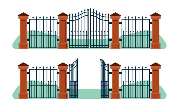 Iron fence with open and closed gates and stone posts. Wrought metal fencing. Forged ornament. Steel border construction. Yard entrance. Elegance architecture elements. Vector concept vector art illustration