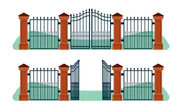 Vector illustration of Iron fence with open and closed gates and stone posts. Wrought metal fencing. Forged ornament. Steel border construction. Yard entrance. Elegance architecture elements. Vector concept