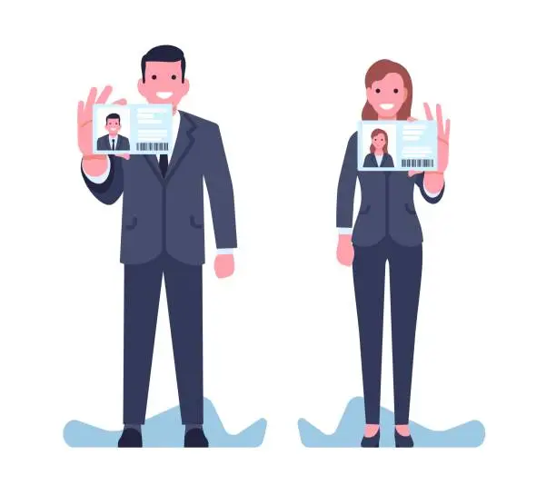 Vector illustration of Man and woman in suits show their ID plastic card. Identity document. People holding identification license. Authentication with name and photo. Person verification. Vector concept