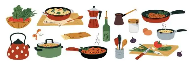 Vector illustration of Food in pans and saucepans. Cooking process. Kitchen dishes with products. Meal preparation. Raw and boiled products. Cutting vegetable salad. Isolated kettle and pot. Garish vector set