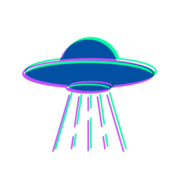 illustrazioni stock, clip art, cartoni animati e icone di tendenza di ufo - disco volante con fascio di luce. icona con sovrapposizione a due colori su sfondo bianco - alien mystery space military invasion