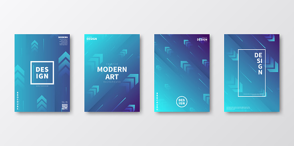 Set of four vertical brochure templates with modern and trendy backgrounds, isolated on blank background. Abstract illustrations with rising arrows and a motion effect. Beautiful color gradient (colors used: Turquoise, Blue, Purple). Can be used for different designs, such as brochure, cover design, magazine, business annual report, flyer, leaflet, presentations... Template for your own design, with space for your text. The layers are named to facilitate your customization. Vector Illustration (EPS file, well layered and grouped). Easy to edit, manipulate, resize or colorize. Vector and Jpeg file of different sizes.